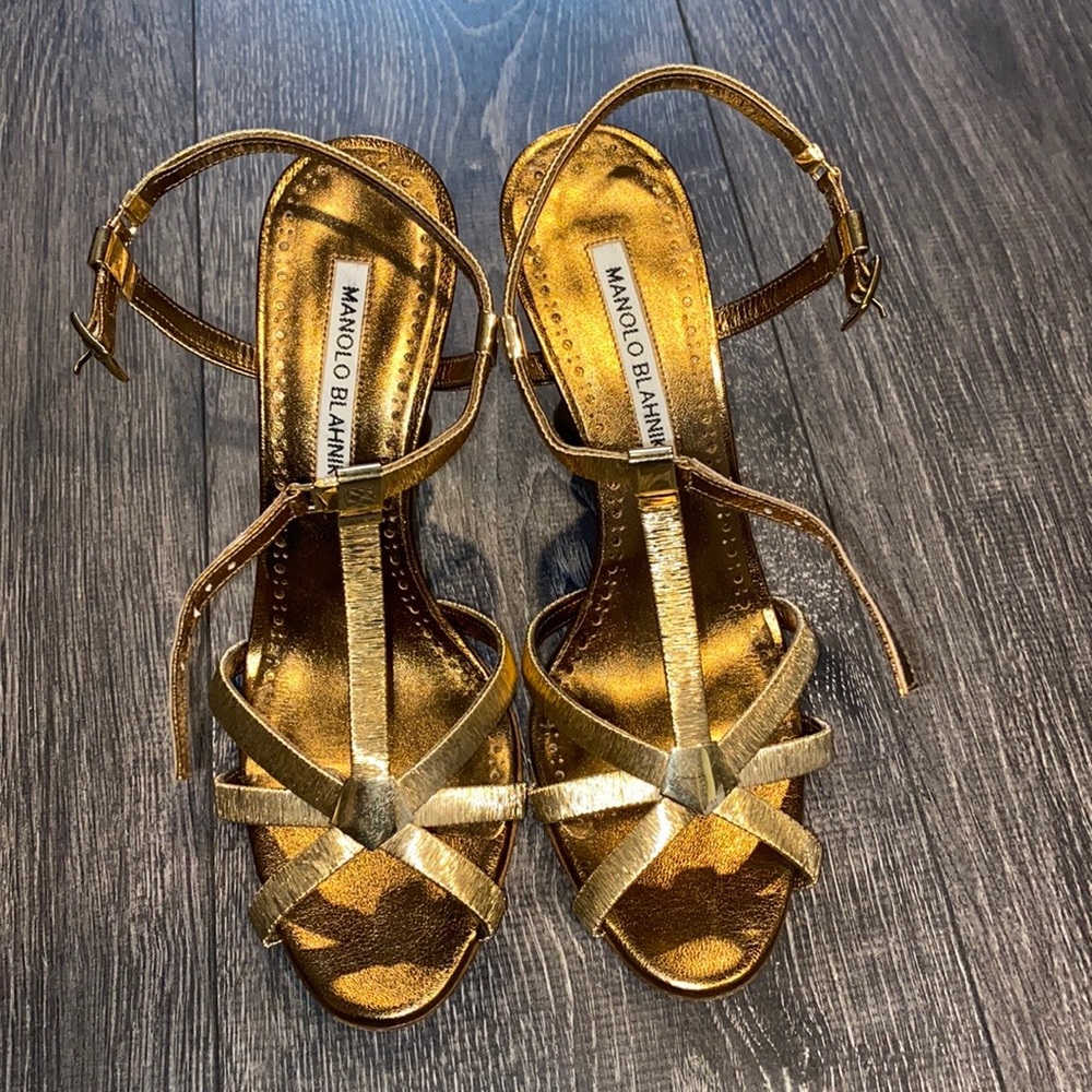 Manolo Blahnik Gold/Bronze Sandals, unique Heel